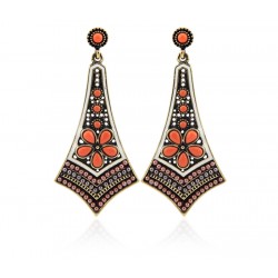 Modern ethnic long Egyptian design earrings with orange and black beads and resin